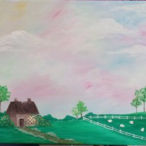 Meadow Cottage Canvas Painting Cottagecore Decor